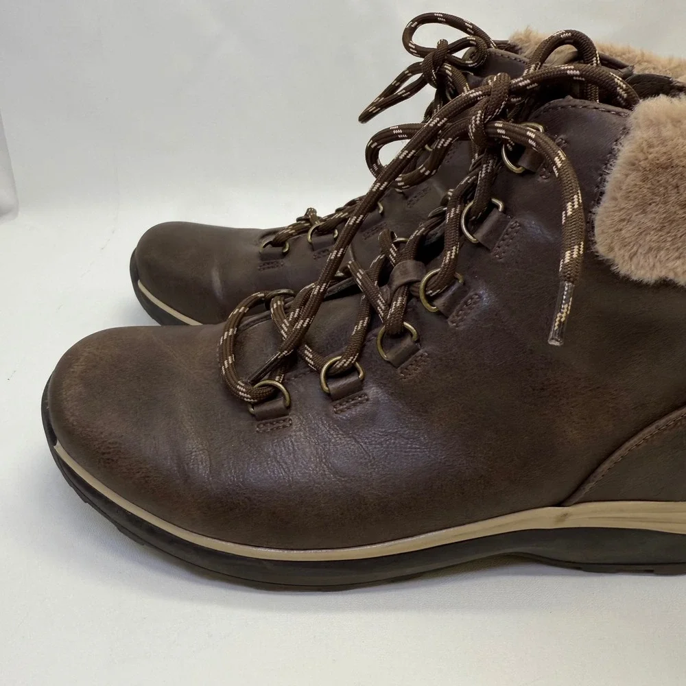 Baretraps Yanty Ankle Boots Faux Fur Collar Lace Up Comfort Brown‎ 8.5M Winter